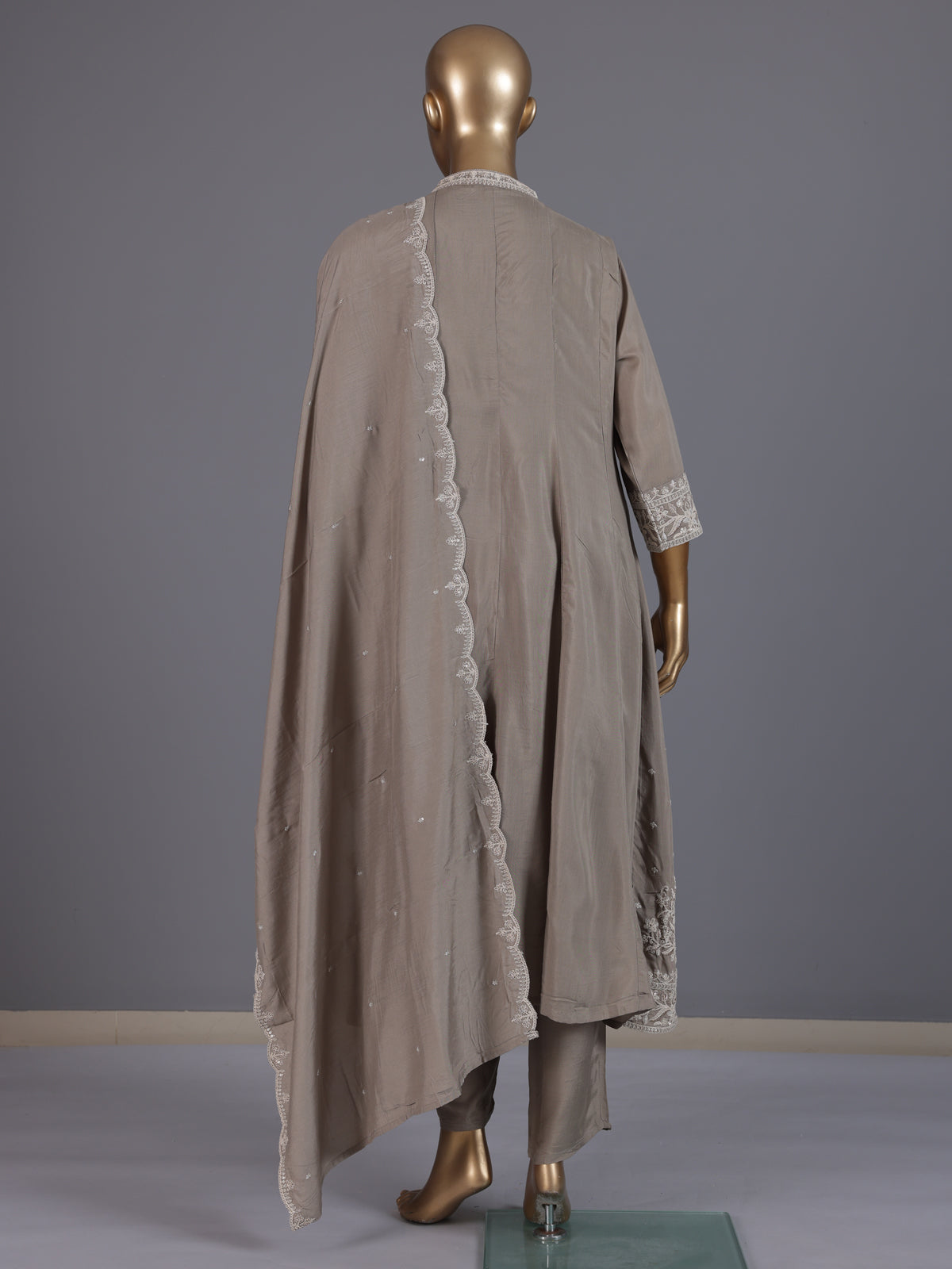 Grey embroidered cotton silk anarkali kurti set