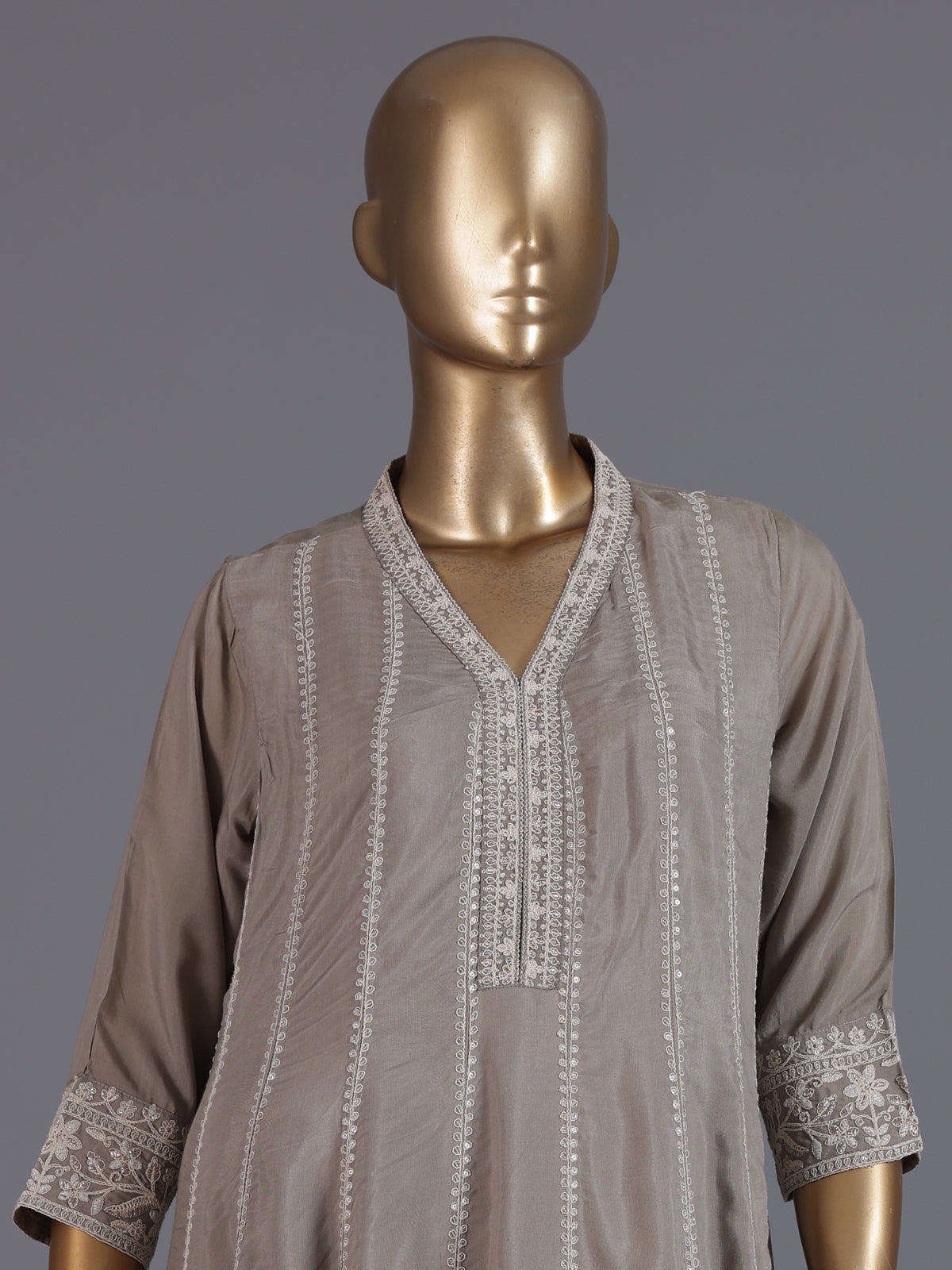 Grey embroidered cotton silk anarkali kurti set