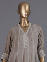 Grey embroidered cotton silk anarkali kurti set