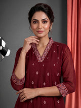 Maroon embroidered cotton silk anarkali kurti set