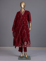 Maroon embroidered cotton silk anarkali kurti set