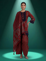 Red printed cotton silk palazzo kurti set with dupatta
