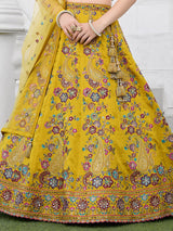 Yellow embellished silk haldi special lehenga choli for girls