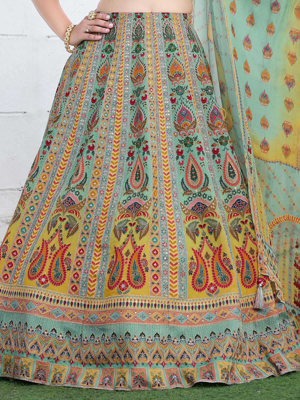 Green floral printed silk wedding lehenga choli