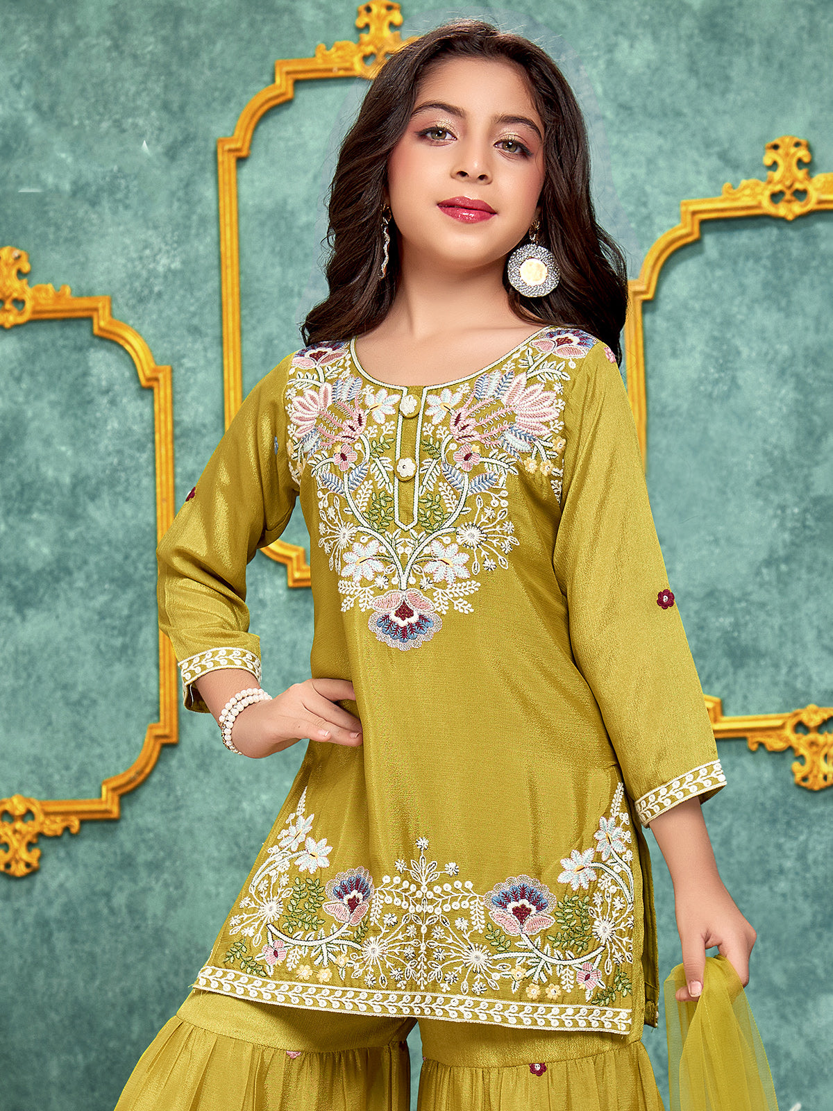 Green festive silk sharara suit for girls