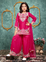 Pink embroidered silk sharara suit for girls