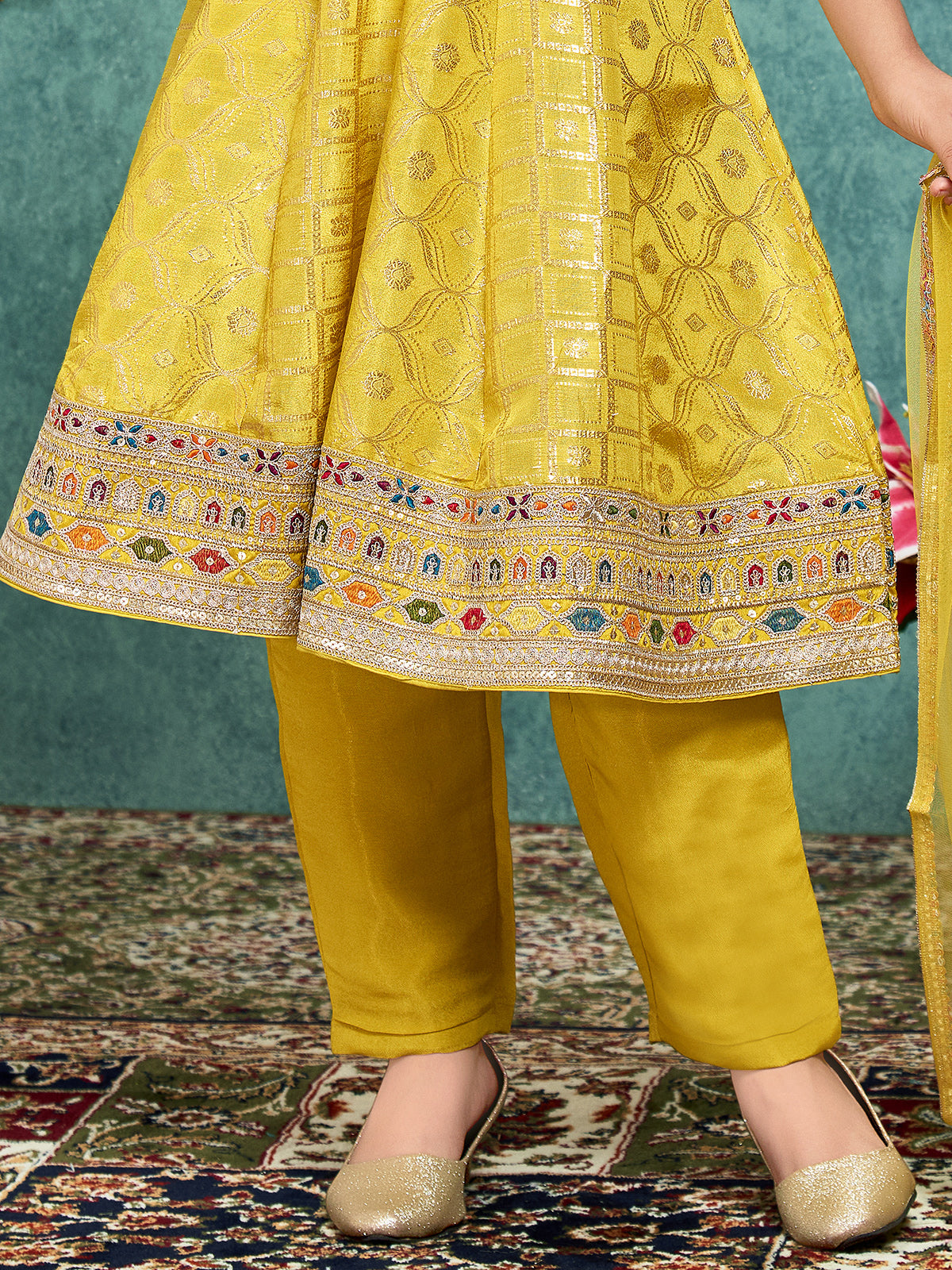 Yellow festive crepe silk anarkali pant suit for girls