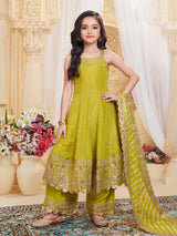 Mehendi green printed crepe silk anarkali palazzo suit for girls