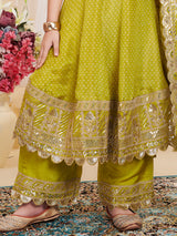 Mehendi green printed crepe silk anarkali palazzo suit for girls