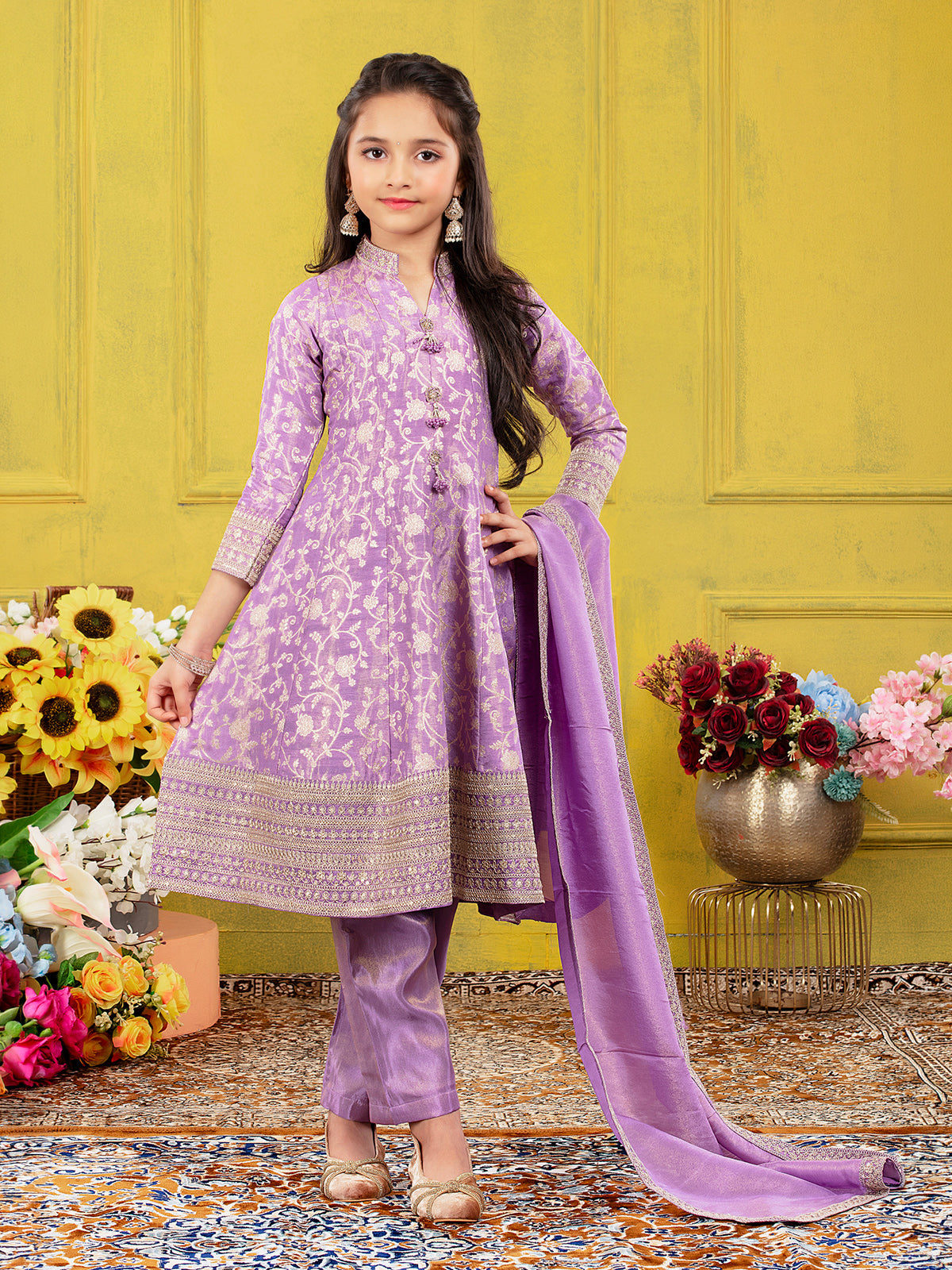Lavender embroidered crepe silk anarkali pant suit for girls