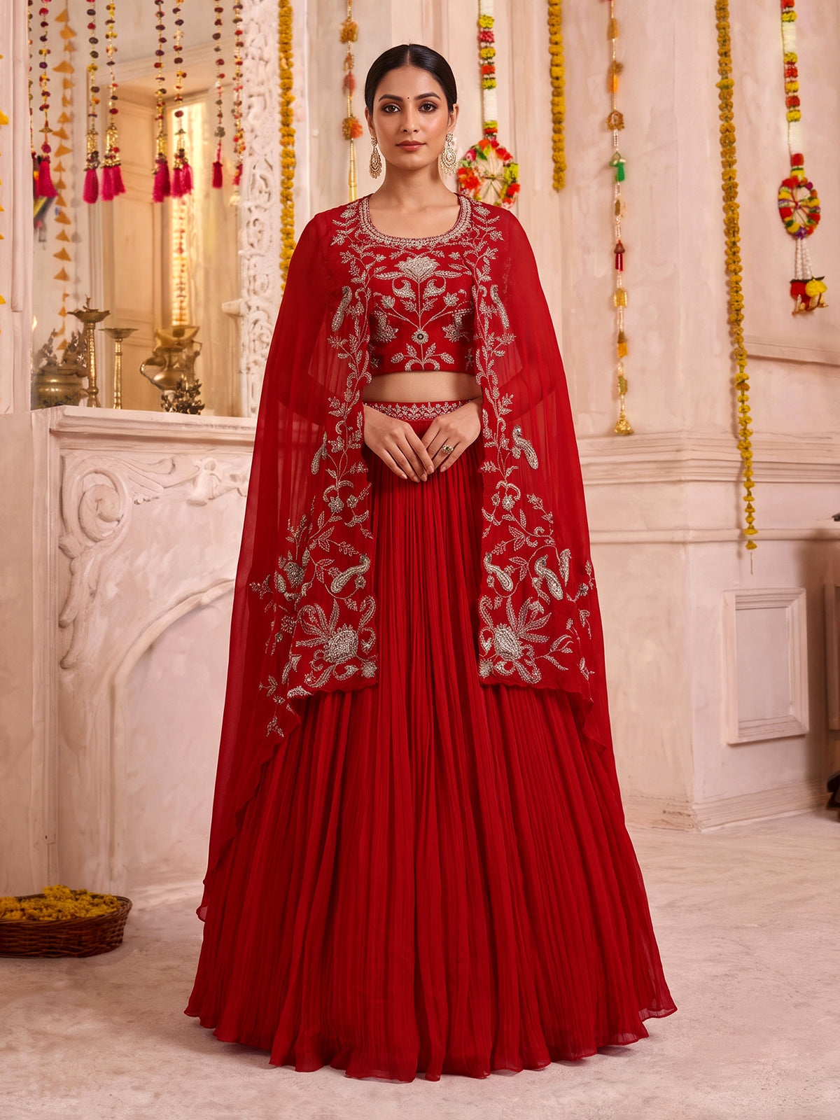 Red designer georgette silk cape lehenga choli