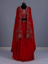 Red designer georgette silk cape lehenga choli