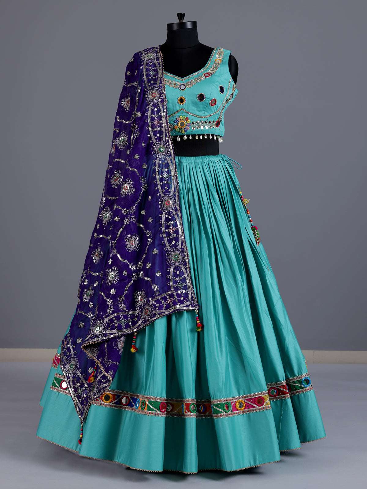 Sky blue navratri cotton silk lehenga choli with dupatta