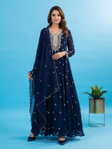Navy blue embellished crepe silk floor length salwar suit