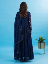 Navy blue embellished crepe silk floor length salwar suit