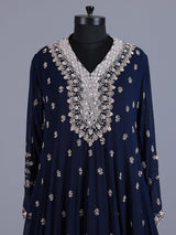 Navy blue embellished crepe silk floor length salwar suit