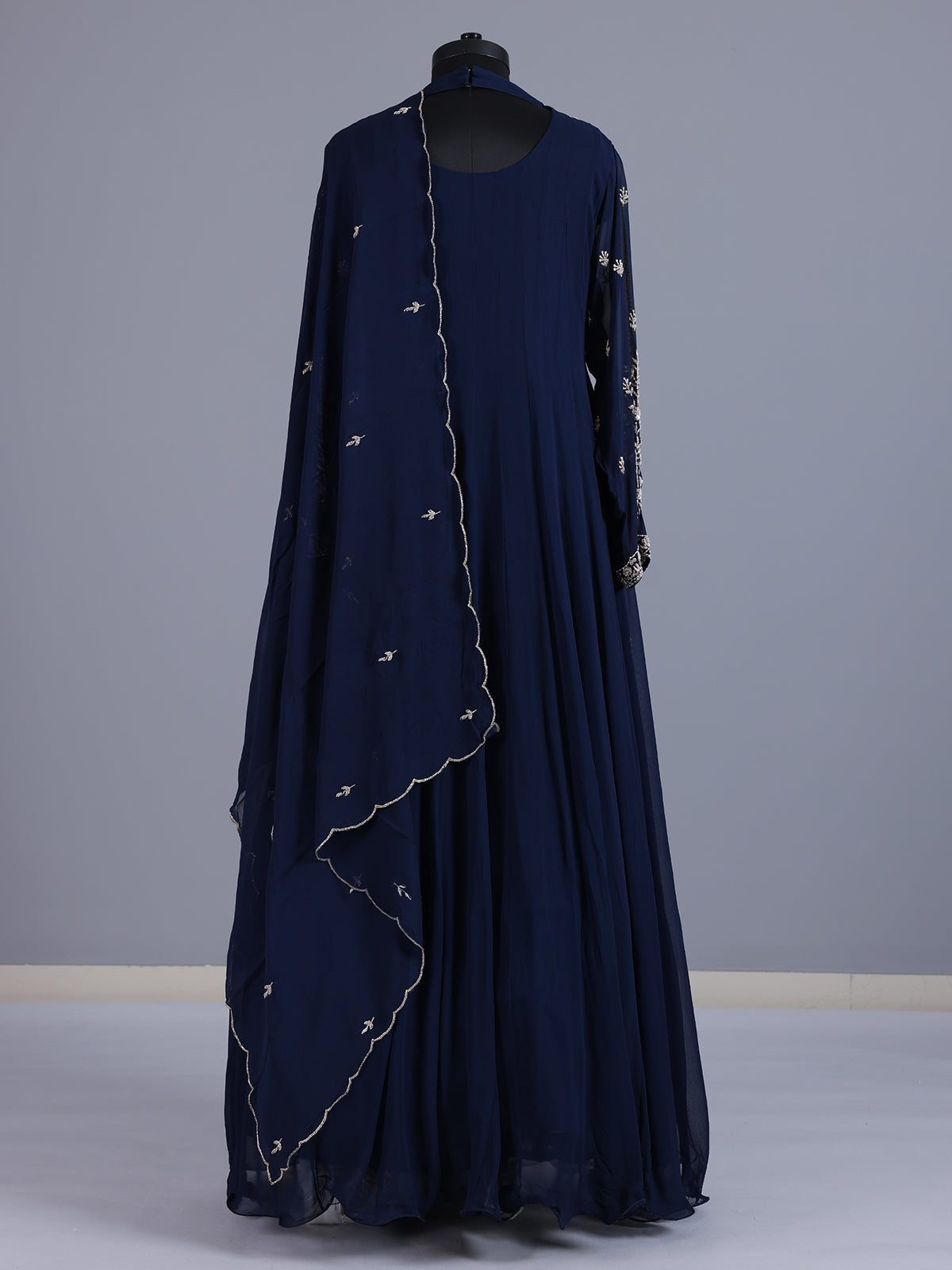 Navy blue embellished crepe silk floor length salwar suit