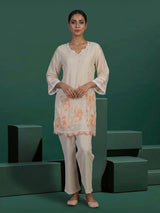 Beige cotton silk co-ord set with elegant embroidery