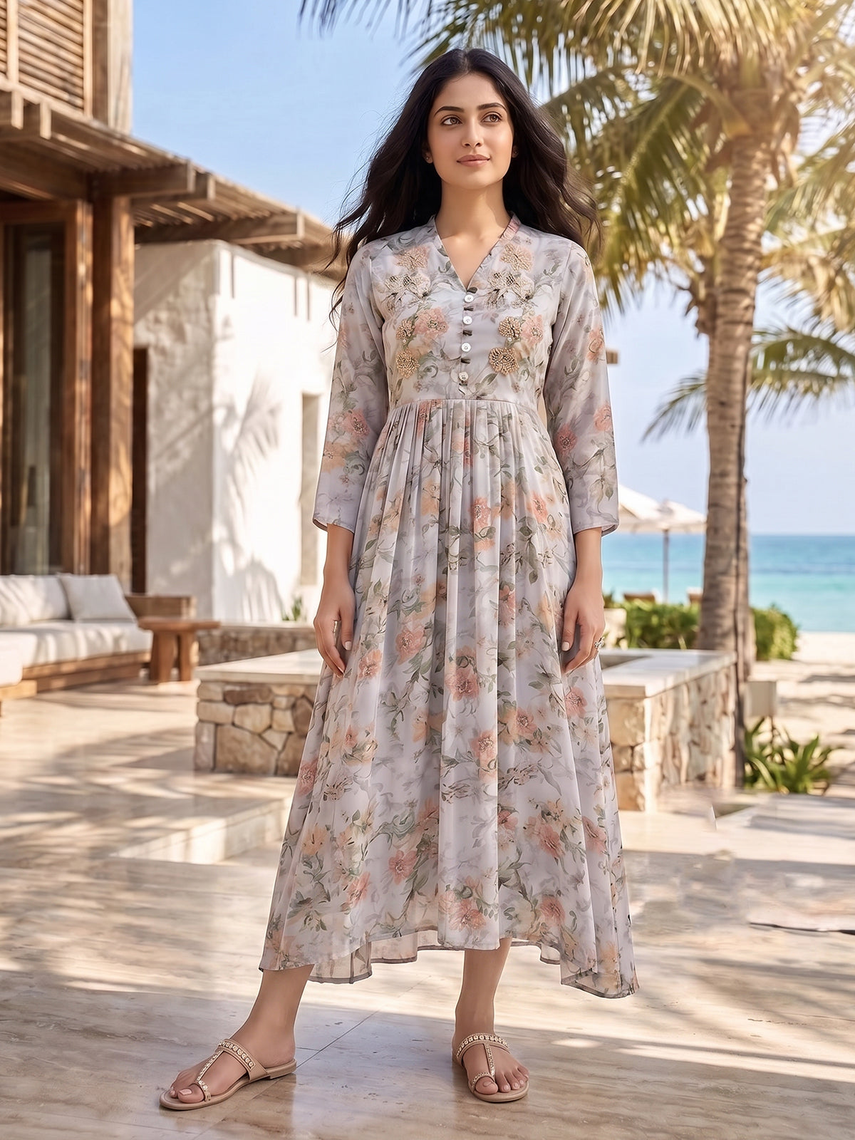 Grey floral printed organza silk midi dress elegance