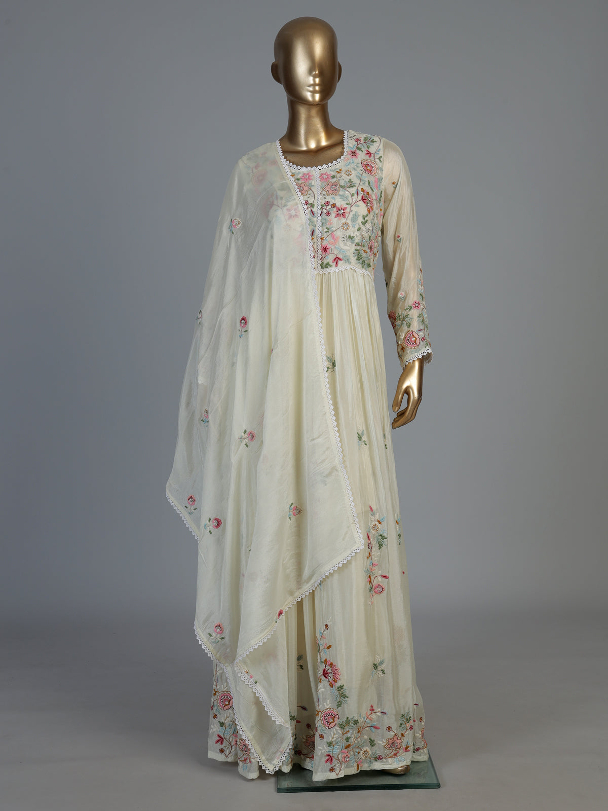 White shimmer silk kurti set with graceful floor length flair