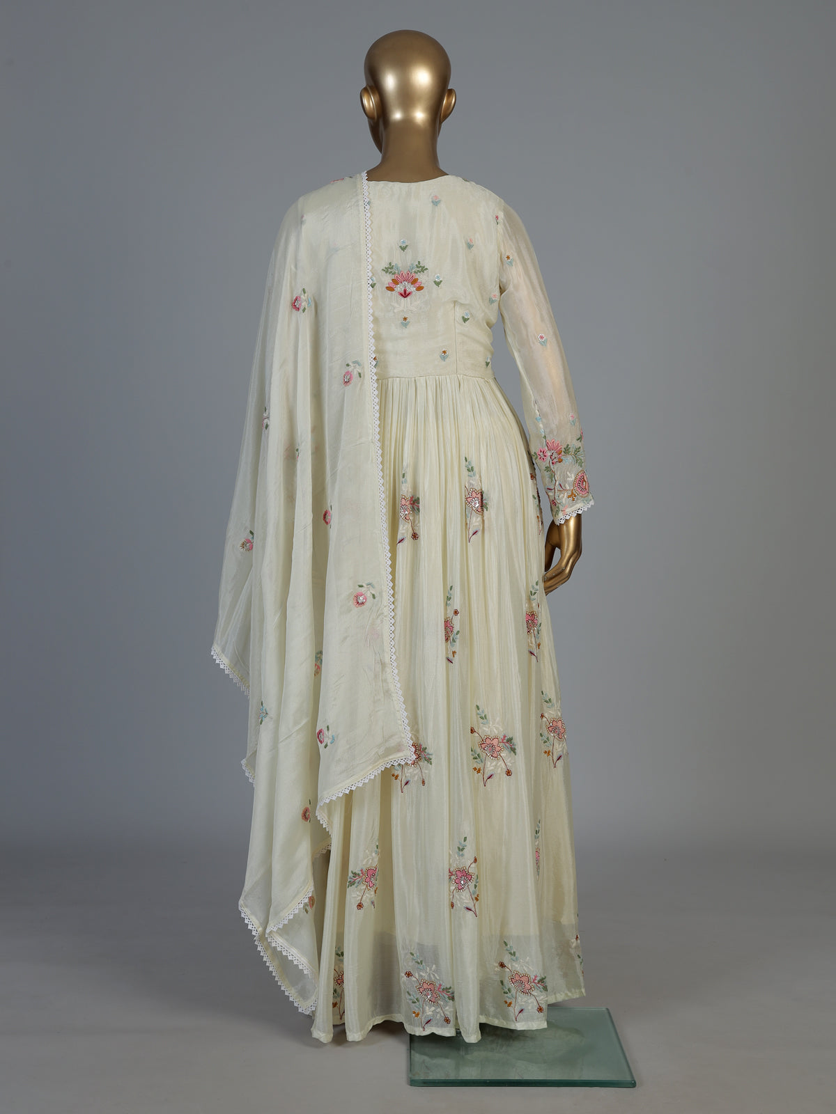 White shimmer silk kurti set with graceful floor length flair