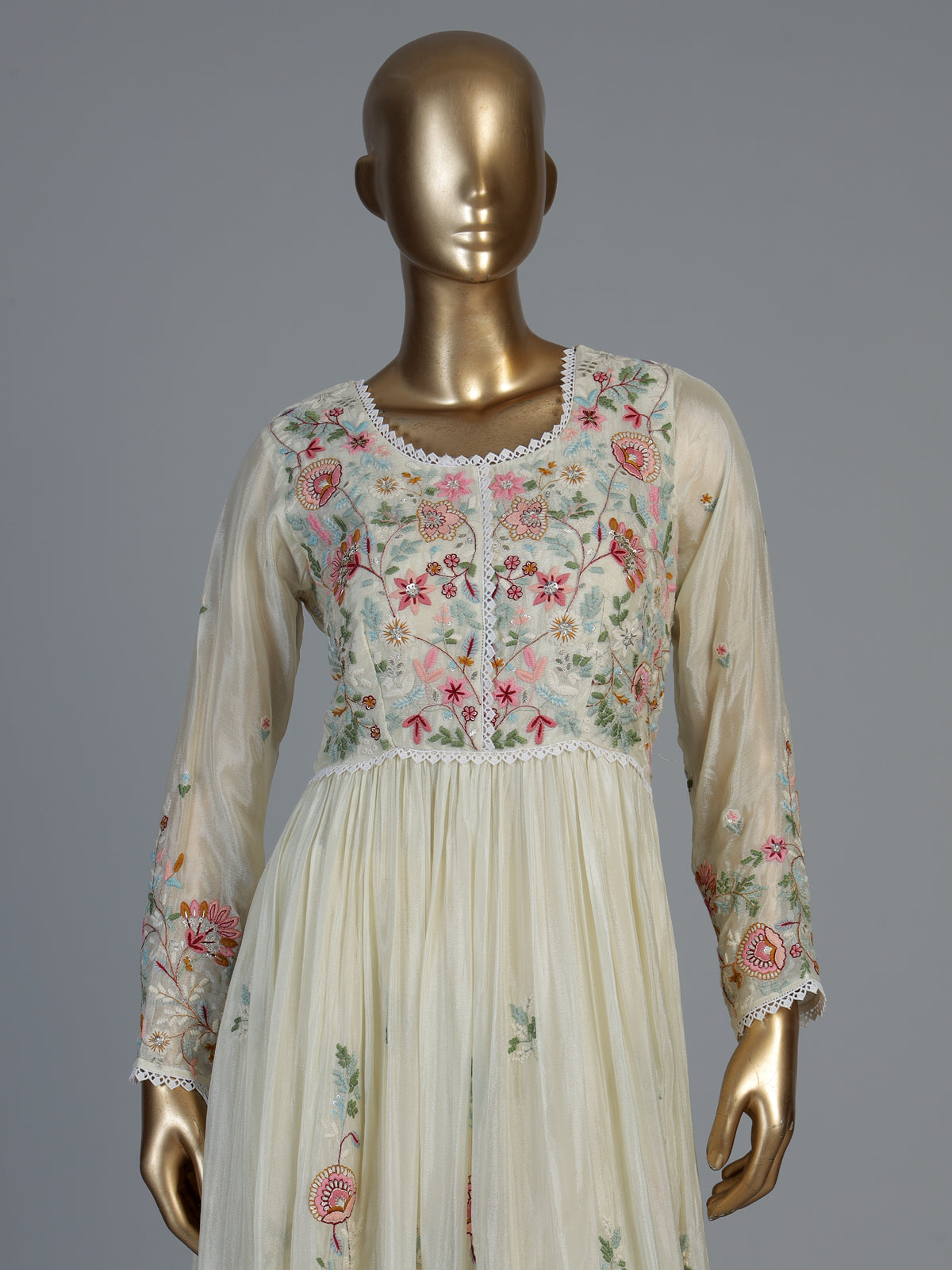 White shimmer silk kurti set with graceful floor length flair