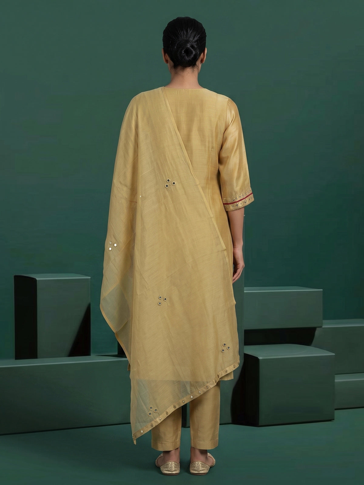 Mustard cotton silk kurti set with artisan embroidery