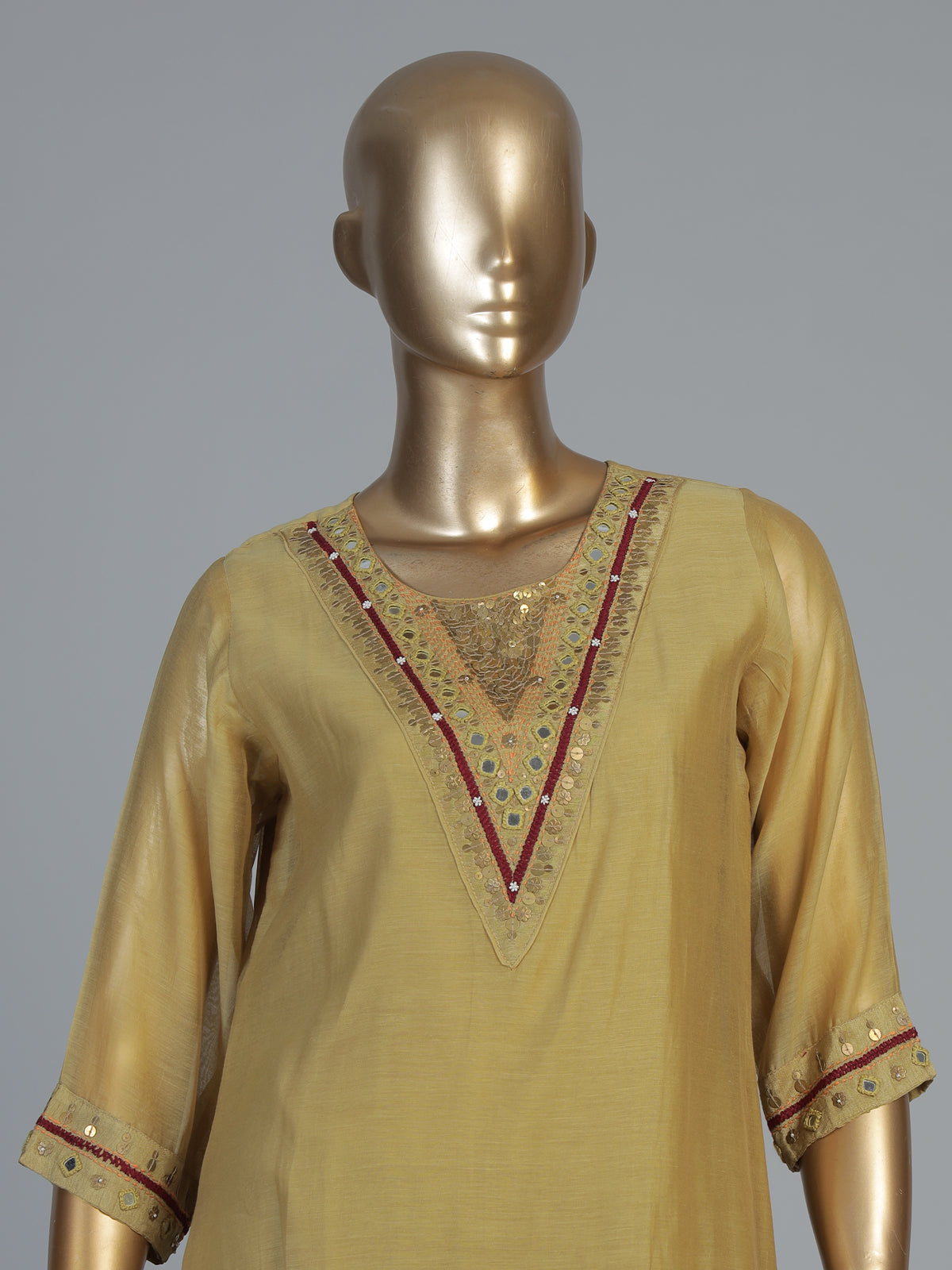 Mustard cotton silk kurti set with artisan embroidery
