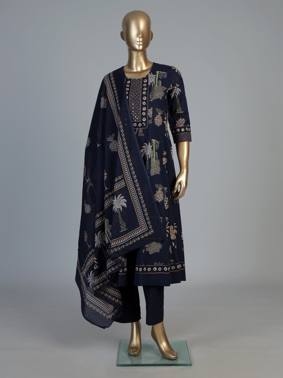 Blue cotton silk kurti set with heritage block prints