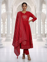 Red anarkali kurti set inspired by folk traditions