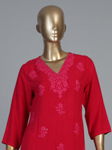 Rani pink crepe cotton silk kurti set for festive occasions