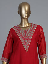 Red cotton silk kurti set with handcrafted festive elegance