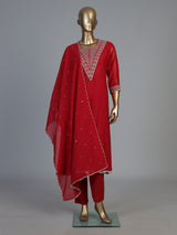 Red cotton silk kurti set with handcrafted festive elegance