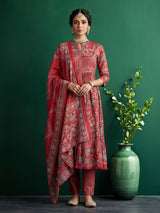 Red printed kurti set with kalamkari inspired charm