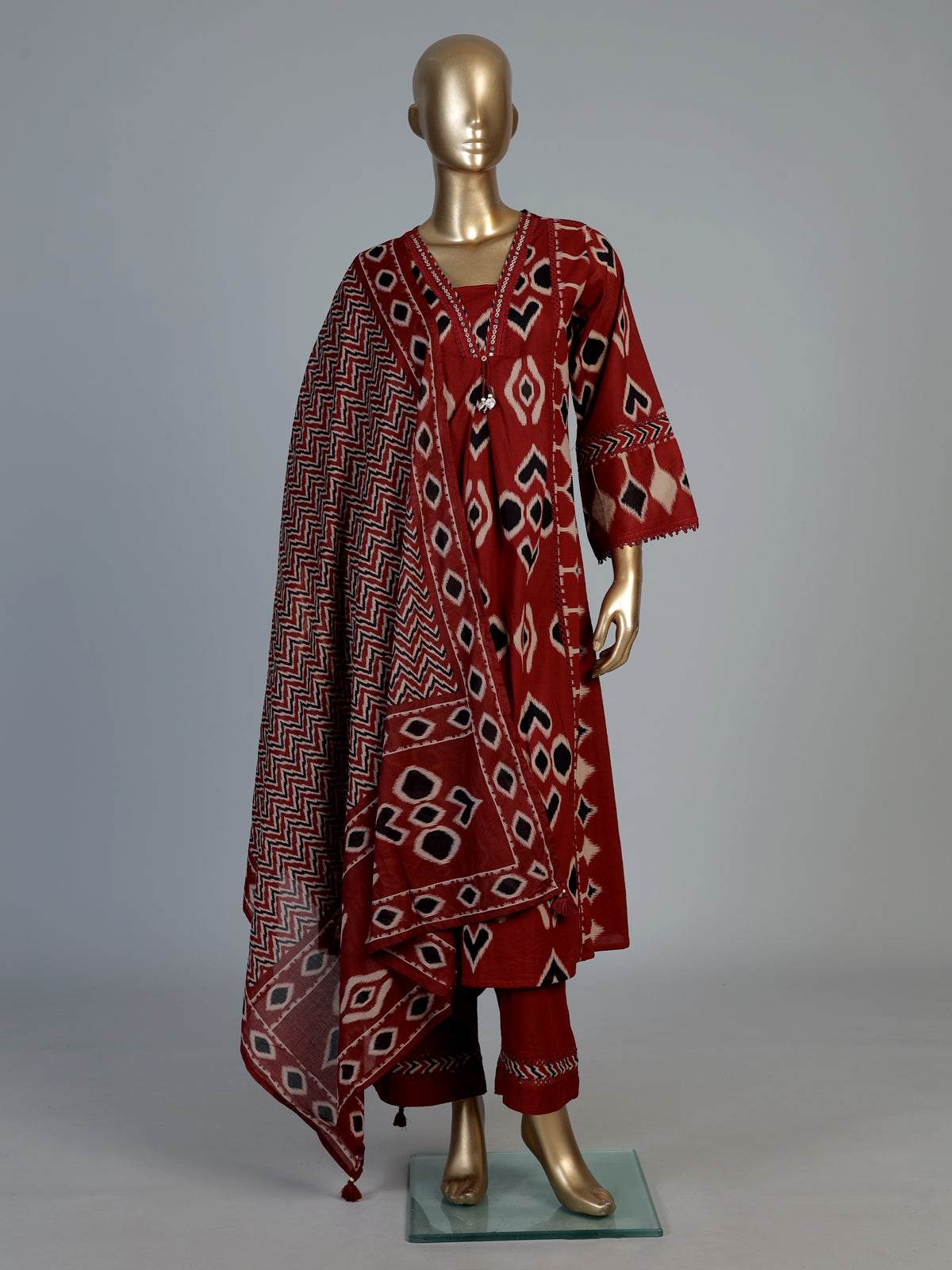 Red printed anarkali kurti set with ikkat inspired artistry