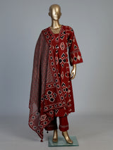 Red printed anarkali kurti set with ikkat inspired artistry