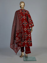 Red printed anarkali kurti set with ikkat inspired artistry
