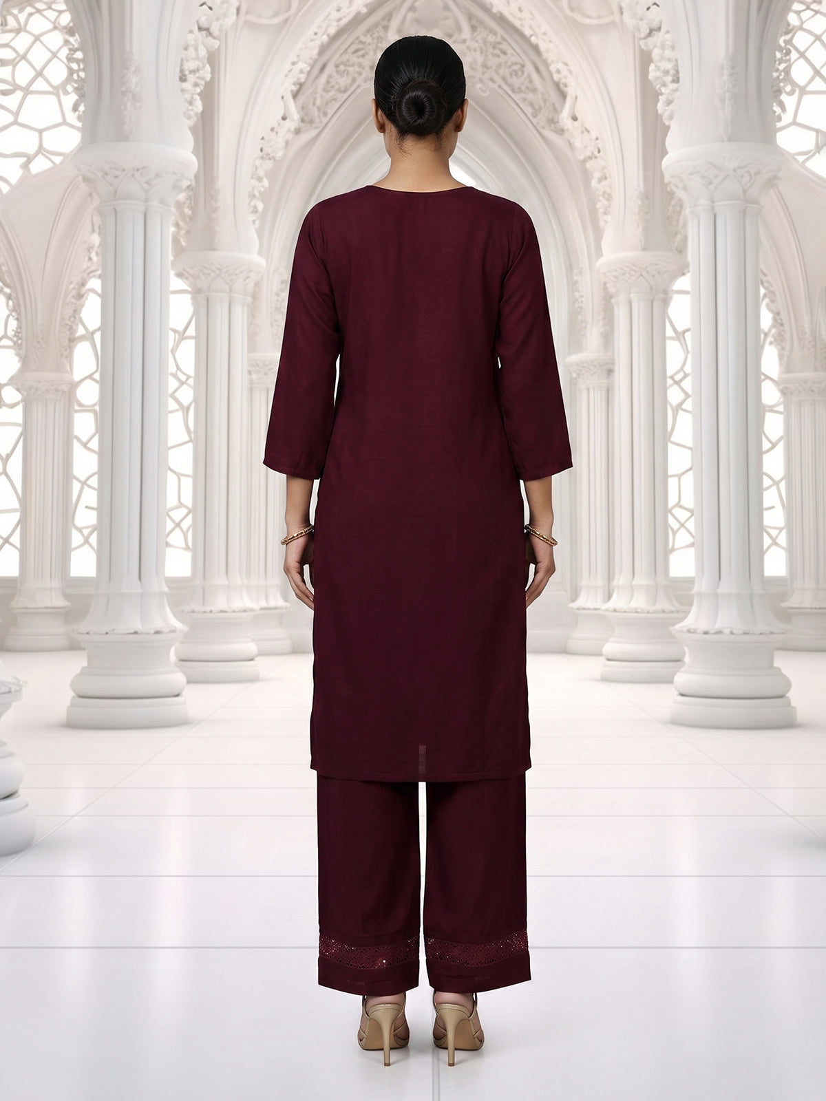 Wine embroidered kurti set with timeless festive appeal