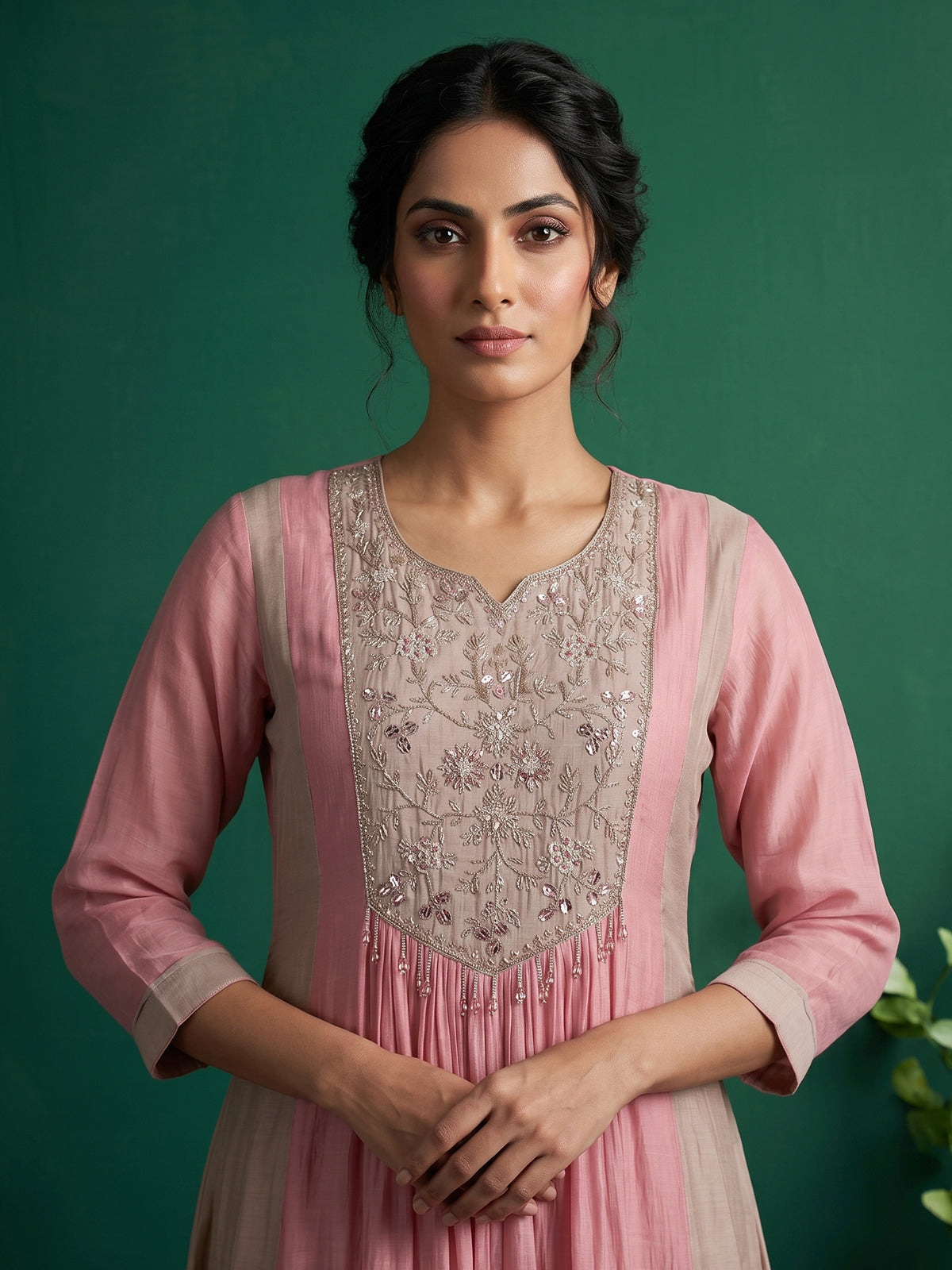 Pink crepe silk kurti set with luxurious festive sparkle