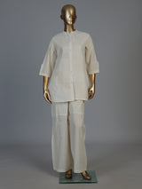 White linen thread work co ord set with elegant palazzo pants
