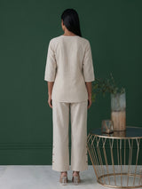 White cotton linen thread work co ord set with palazzo pants