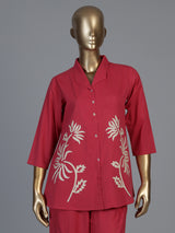 Reddish pink cotton silk thread work co ord set with palazzo