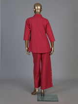 Reddish pink cotton silk thread work co ord set with palazzo