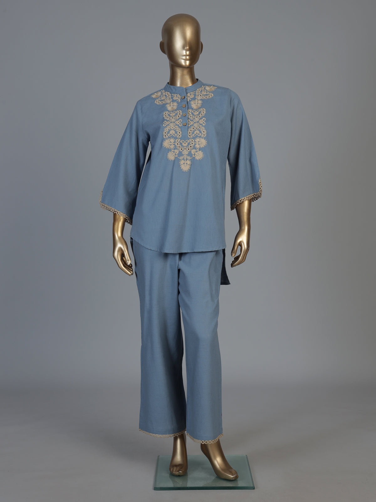 Stone blue cotton linen embroidered co ord set for festive occasions