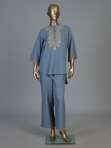 Stone blue cotton linen embroidered co ord set for festive occasions