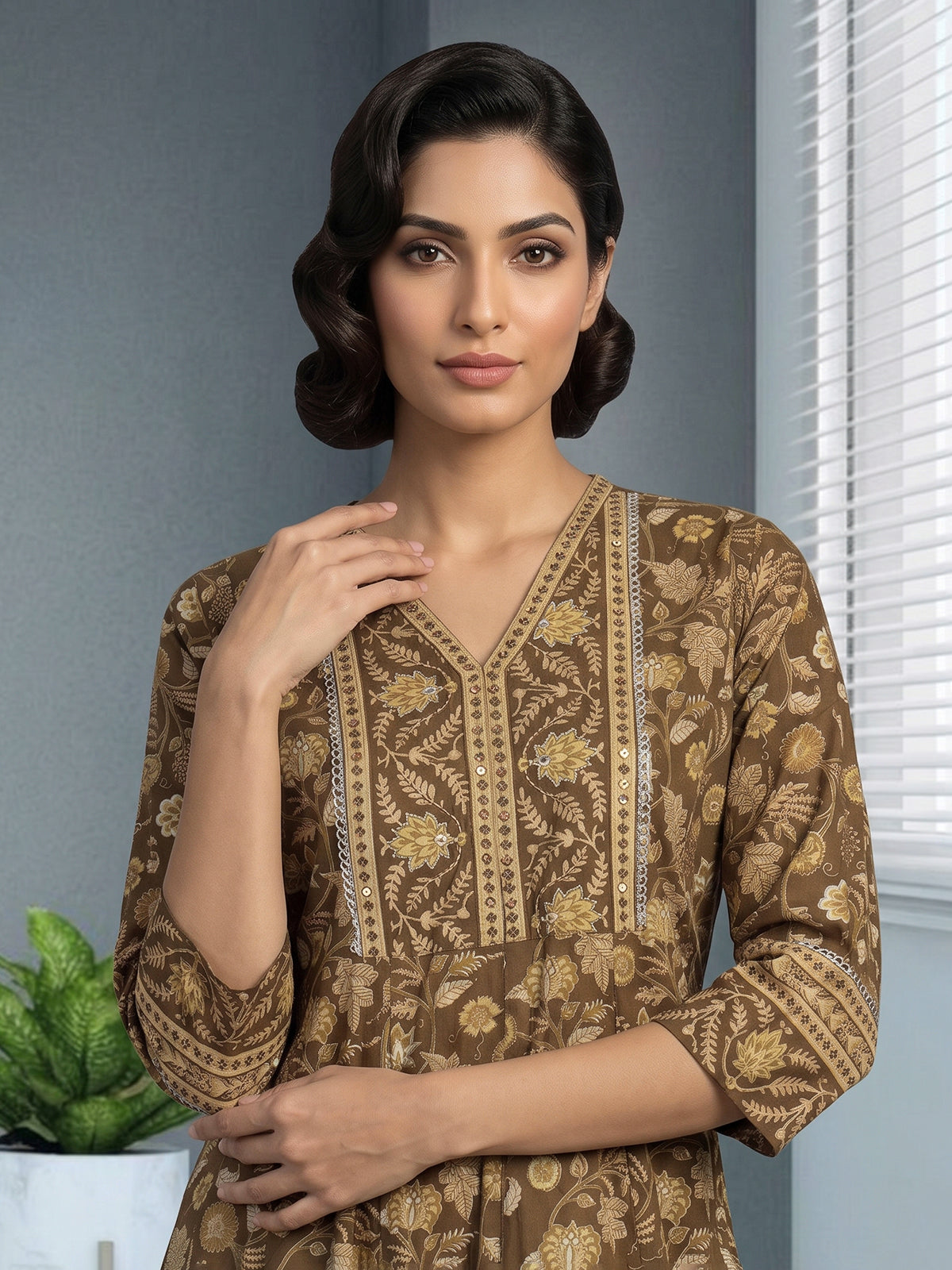Dusty brown cotton silk anarkali kurti set with printed dupatta