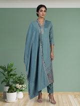 Pastel blue silk anarkali kurti set with elegant dupatta pants