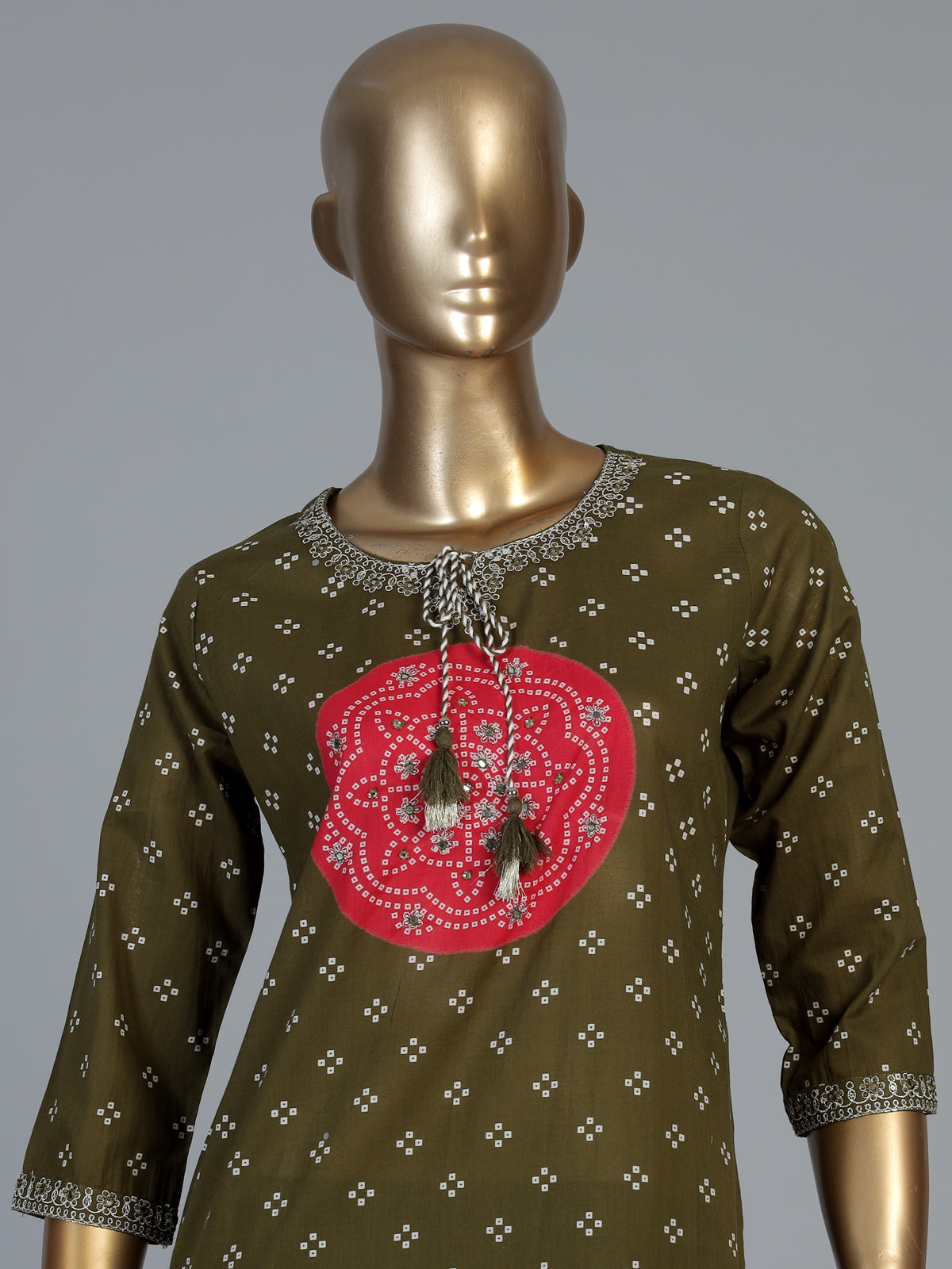 Mehendi green silk kurti set with printed dupatta and pants