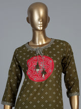 Mehendi green silk kurti set with printed dupatta and pants