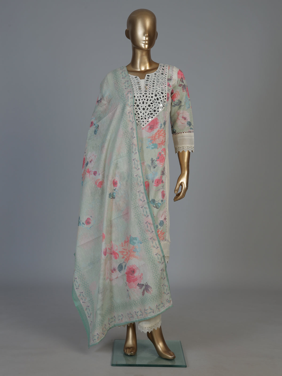 Off white linen floral printed kurti set with dupatta pants